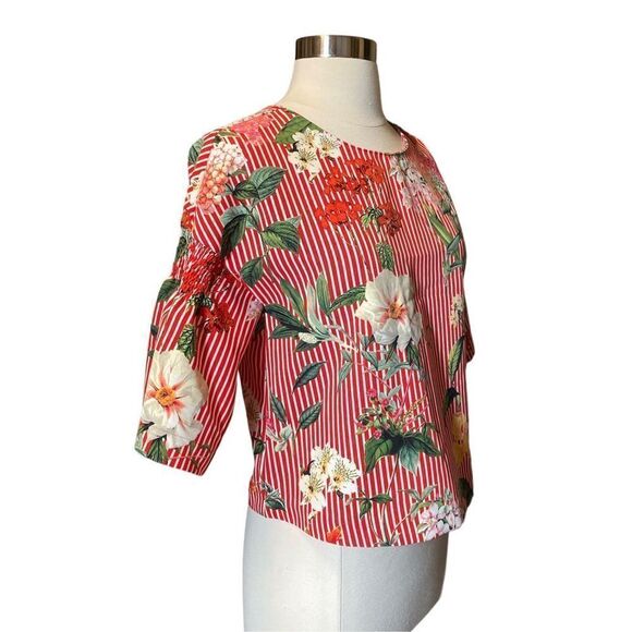 Zara - Floral Stipe V Back with Tie - Flare Sleeve Top sz XS - Picture 4 of 8